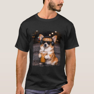 Corgi drinking iced coffee lover humour funny meme T-Shirt
