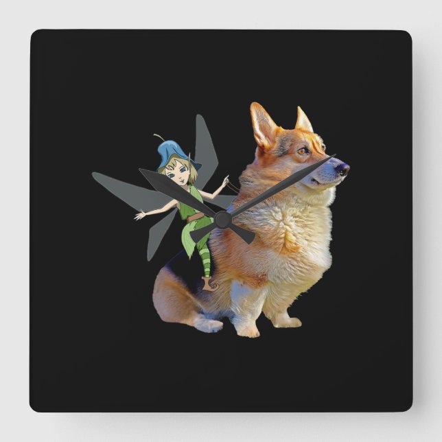 Corgi & Fairy - Funny Pembroke Welsh Corgi Square Wall Clock (Front)