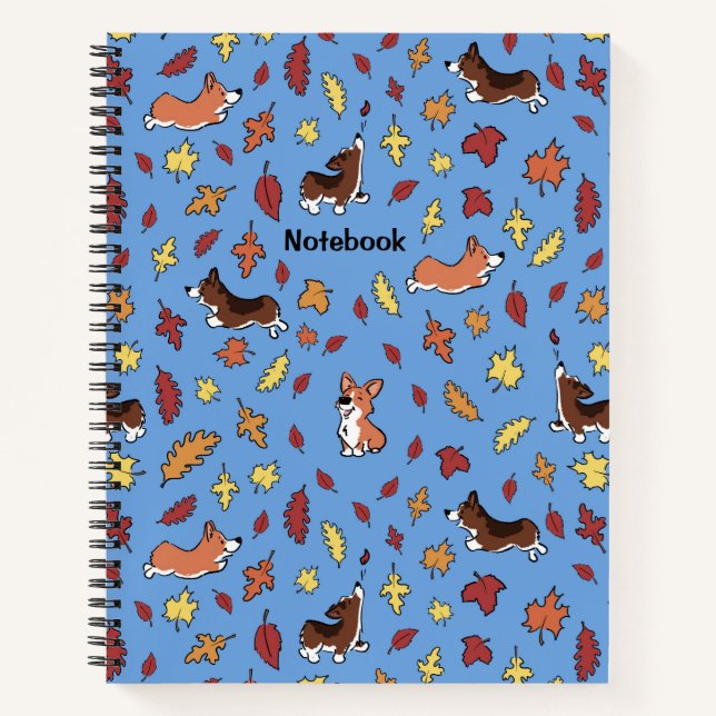 Corgi Fall Leaves Dusty Blue Notebook (Front)
