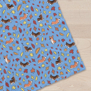 Corgi Fall Leaves Pattern Dusty Blue Fleece Blanket