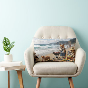Corgi Family at the Beach Lumbar Pillow