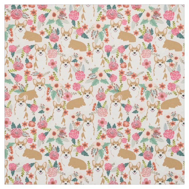 Corgi floral fabric  - cream (Swatch)