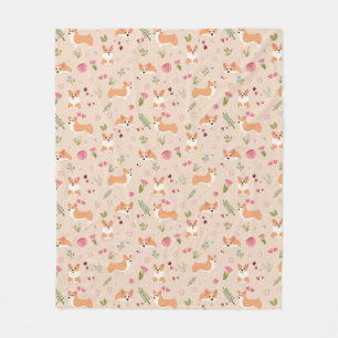 Corgi Floral Seamless Pattern - Cute Dog Art Fleece Blanket