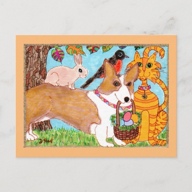 Corgi & Friends with Egg Basket Folk Art Easter Holiday Postcard (Front)