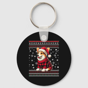 Corgi Funny Ugly Buffalo Plaid Santa Hat Christmas Keychain