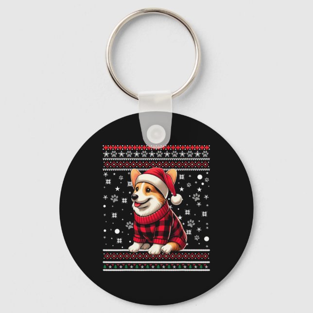 Corgi Funny Ugly Buffalo Plaid Santa Hat Christmas Keychain (Front)