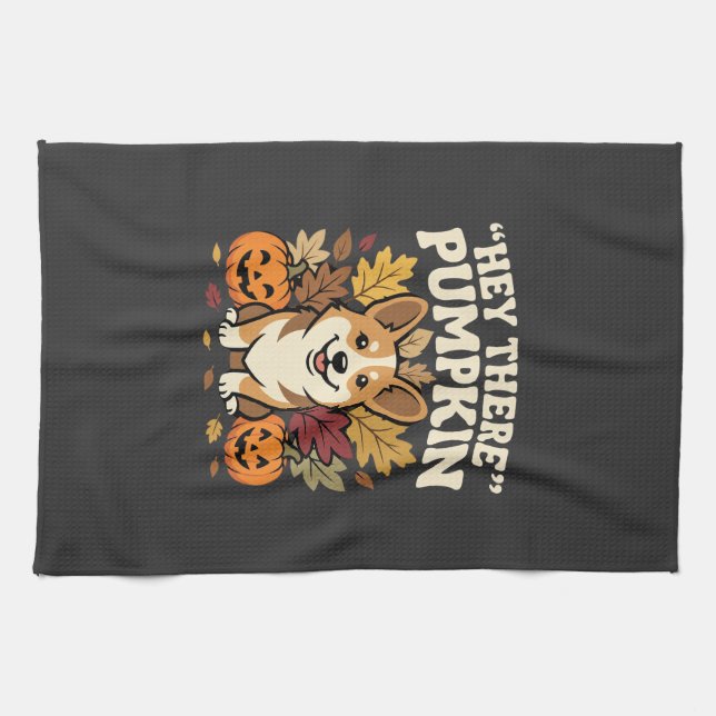 Corgi Halloween Hey There Pumpkin Design Kitchen Towel (Horizontal)