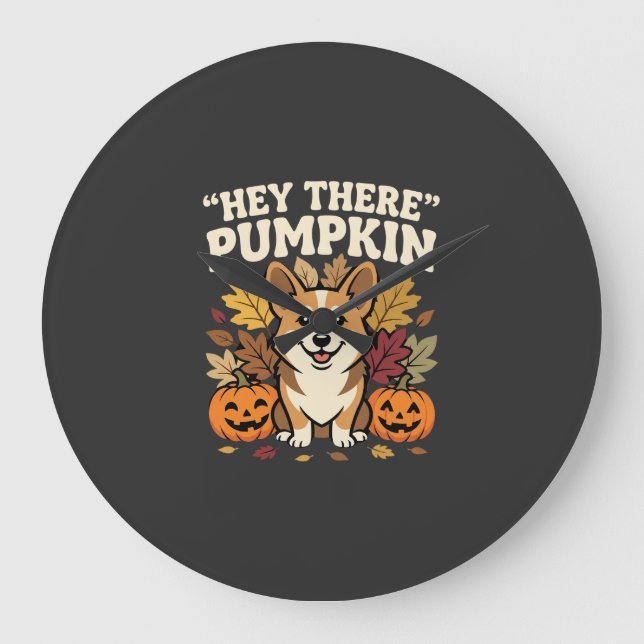 Corgi Halloween Hey There Pumpkin Design Large Clock (Front)