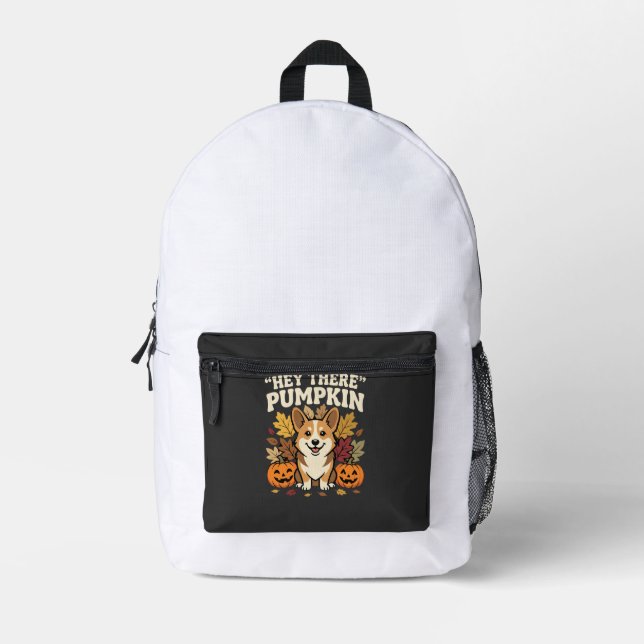 Corgi Halloween Hey There Pumpkin Design Printed Backpack (Front)