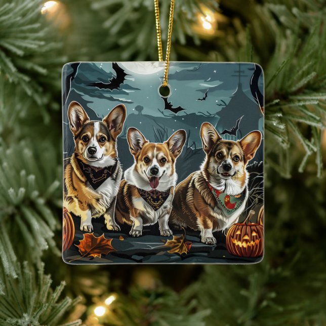 Corgi Halloween Spooky Ceramic Ornament (Tree)
