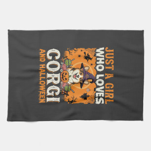 Corgi Halloween Witch Girl Vintage Horror Kitchen Towel