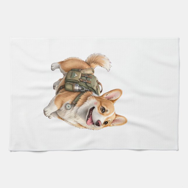 Corgi Hiking Adventure Watercolor Kitchen Towel  (Horizontal)