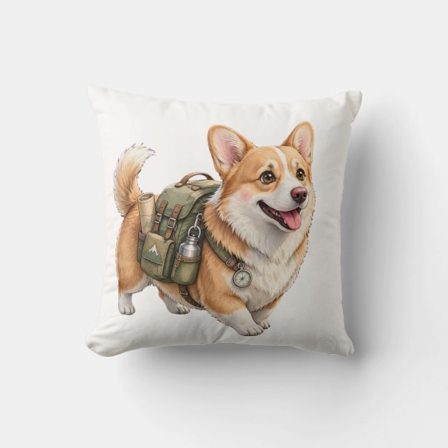 Corgi Hiking Adventure Watercolor Throw Pillow (Front)