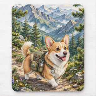 Corgi Hiking in Mountains Watercolor Mouse Pad