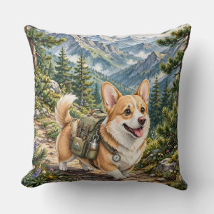 Corgi Hiking in Mountains Watercolor Throw Pillow