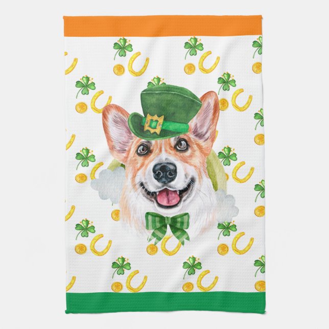 Corgi Holiday Home Decor St Patricks Day Kitchen Towel (Vertical)