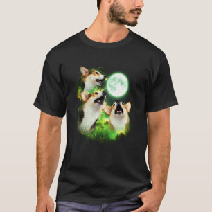 Corgi Howling at The Moon Green tie dye 3 Corgis D T-Shirt