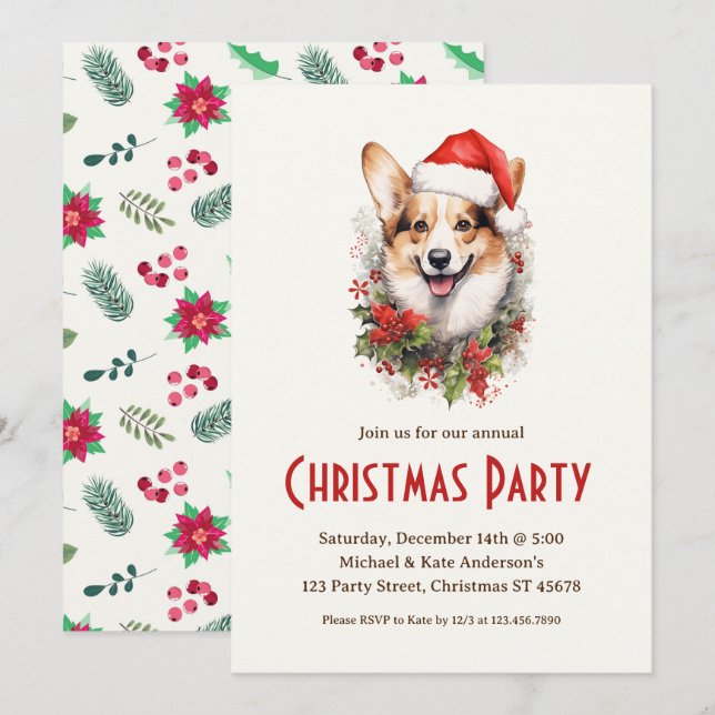 Corgi in a Santa Hat Pet Dog Christmas Party  Invitation (Front/Back)
