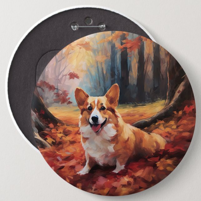 Corgi in Autumn Leaves Fall Inspire 6 Inch Round Button (Front & Back)