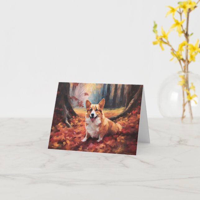 Corgi in Autumn Leaves Fall Inspire Card (Yellow Flower)