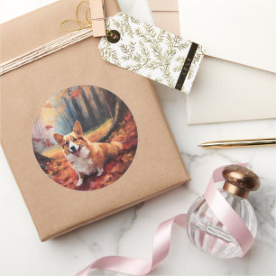 Corgi in Autumn Leaves Fall Inspire Classic Round Sticker