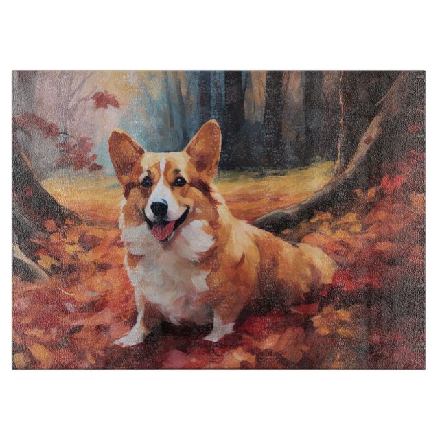 Corgi in Autumn Leaves Fall Inspire Cutting Board (Front)
