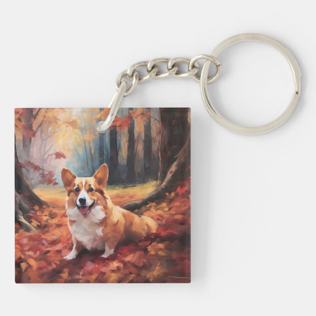 Corgi in Autumn Leaves Fall Inspire Keychain (Back)
