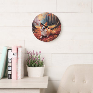 Corgi in Autumn Leaves Fall Inspire Large Clock