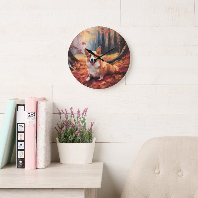 Corgi in Autumn Leaves Fall Inspire Large Clock (Reading Room)