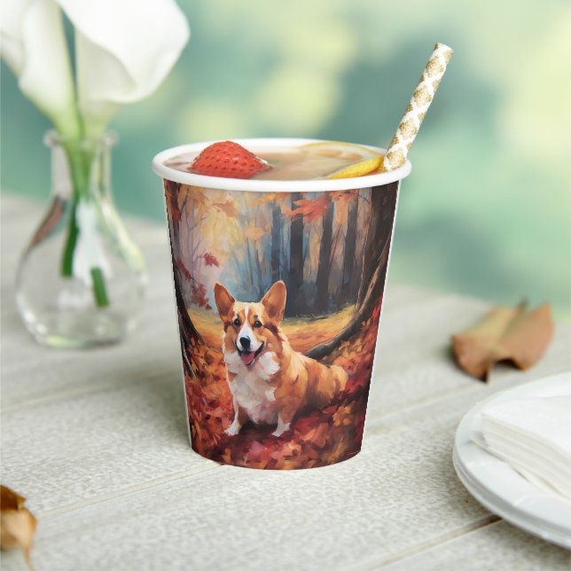 Corgi in Autumn Leaves Fall Inspire Paper Cups (Insitu)