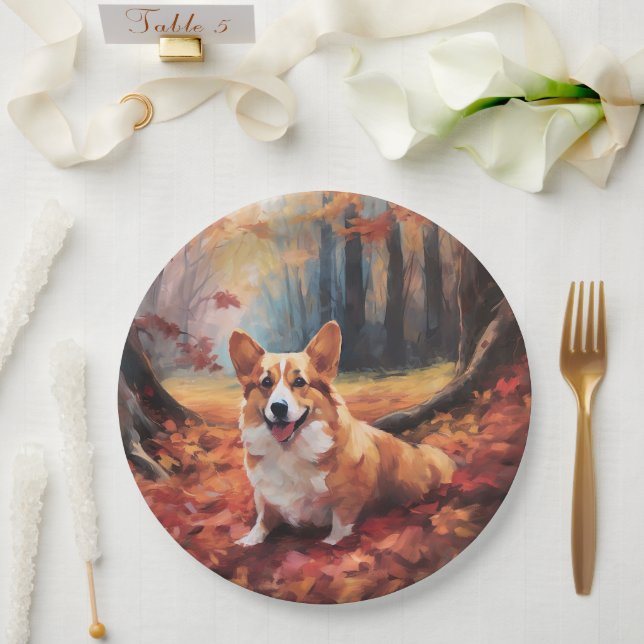 Corgi in Autumn Leaves Fall Inspire Paper Plate (Wedding)