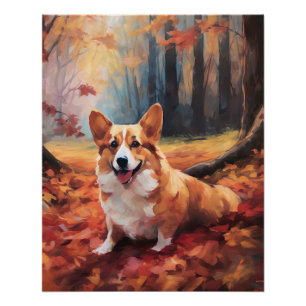 Corgi in Autumn Leaves Fall Inspire Poster