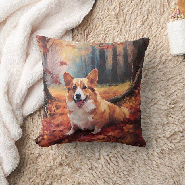 Corgi in Autumn Leaves Fall Inspire Throw Pillow (Blanket)