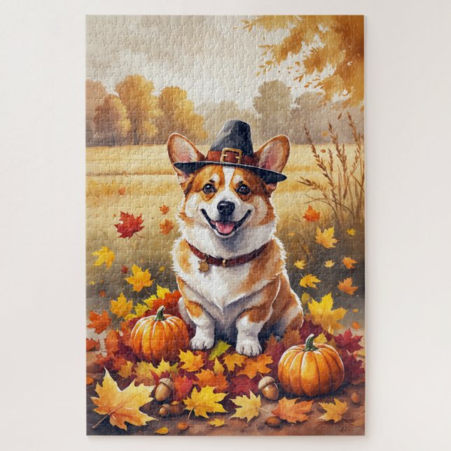 Corgi In Autumn Leaves Thanksgiving Art Jigsaw Puzzle (Vertical)