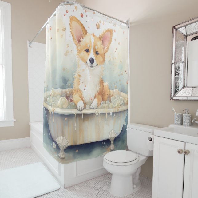 Corgi In Bathtub Watercolor Dog Art (In Situ)