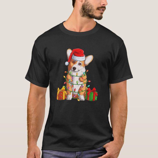 Corgi In Christmas Lights And Presents Cute Christ T-Shirt (Front)
