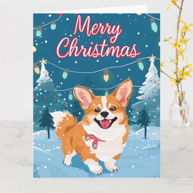 Corgi in Snow Christmas Card (Yellow Flower)