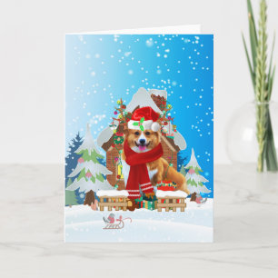 Corgi in snow with Christmas gifts Card