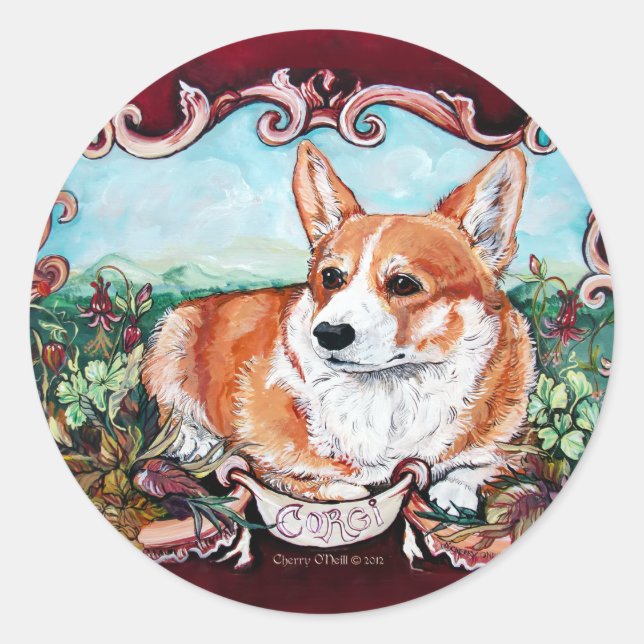 Corgi in the Garden! Classic Round Sticker (Front)