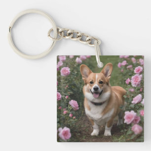 Corgi In The Pink Roses, Keychain