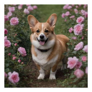 Corgi In The Pink Roses,  Poster