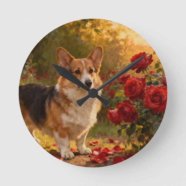 Corgi in the Roses V Round Clock (Front)
