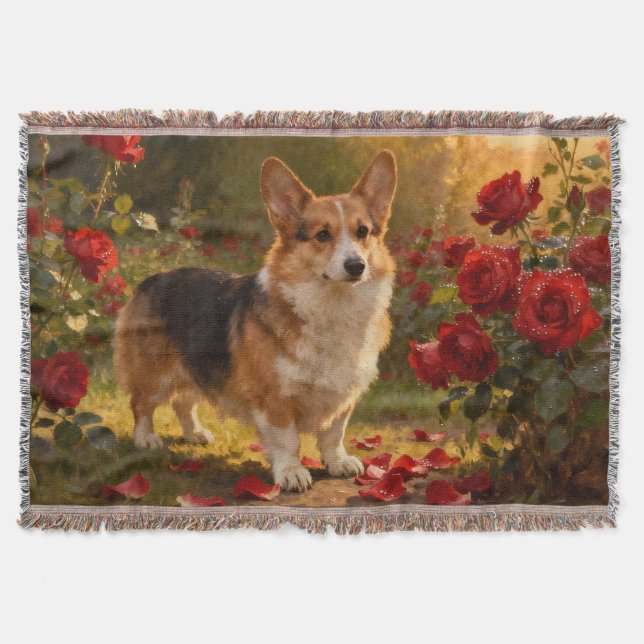 Corgi in the Roses V Throw Blanket (Front)