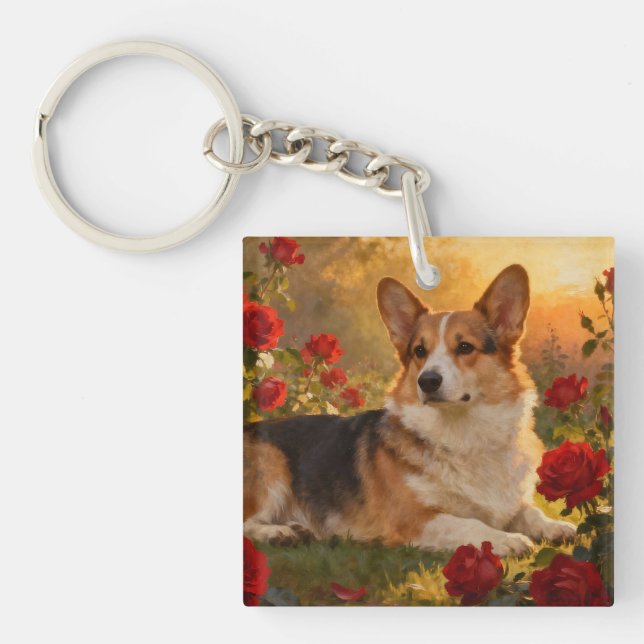 Corgi in the Roses VI Keychain (Front)