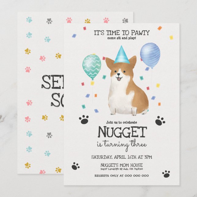 Corgi laisse Pawty Chien Anniversaire Invitation B (Devant / Derrière)