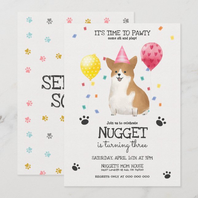 Corgi laisse Pawty Chien Invitation Anniversaire R (Devant / Derrière)