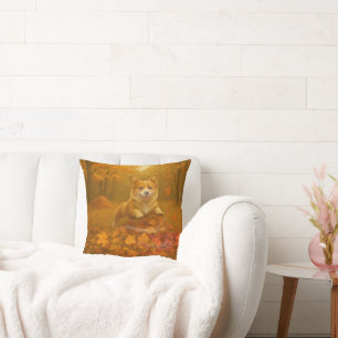 Corgi Leaf Leap Throw Pillow