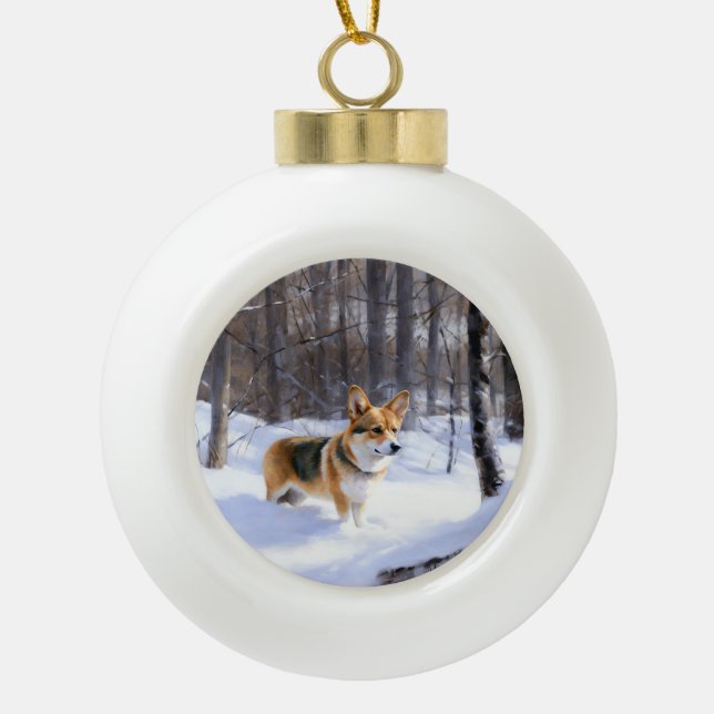 Corgi Let It Snow Christmas Ceramic Ball Christmas Ornament (Front)