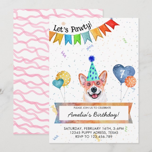 Corgi Lets Pawty Dog Birthday Party Invitation (Front/Back)