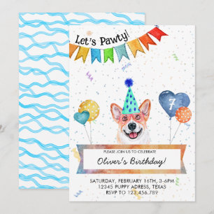 Corgi Lets Pawty Dog Birthday Party Invitation
